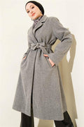 Double-breasted cashmere coat with pockets, smoky gray.