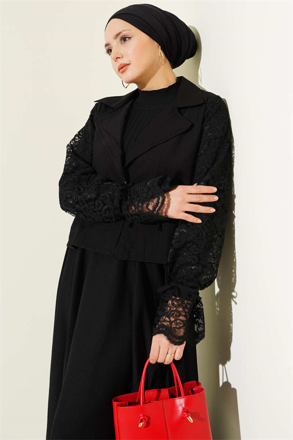 Wrap Neckline Lace Skirt 2 Piece Set, Black