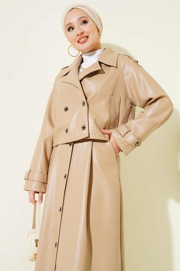 Double-breasted Leather Skirted 2 Piece Set Beige