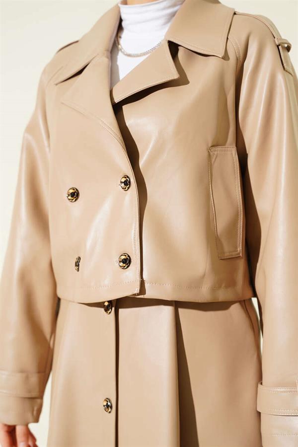 Double-breasted Leather Skirted 2 Piece Set Beige
