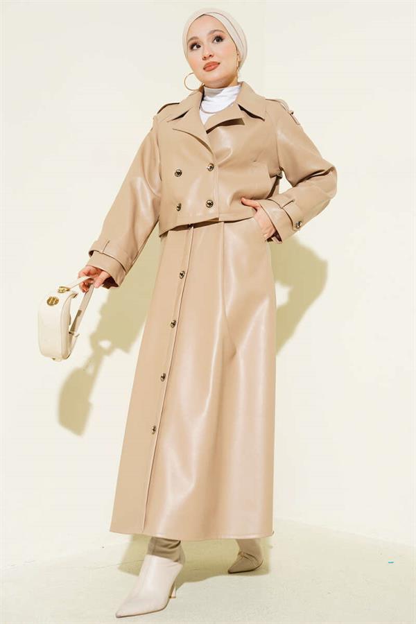 Double-breasted Leather Skirted 2 Piece Set Beige
