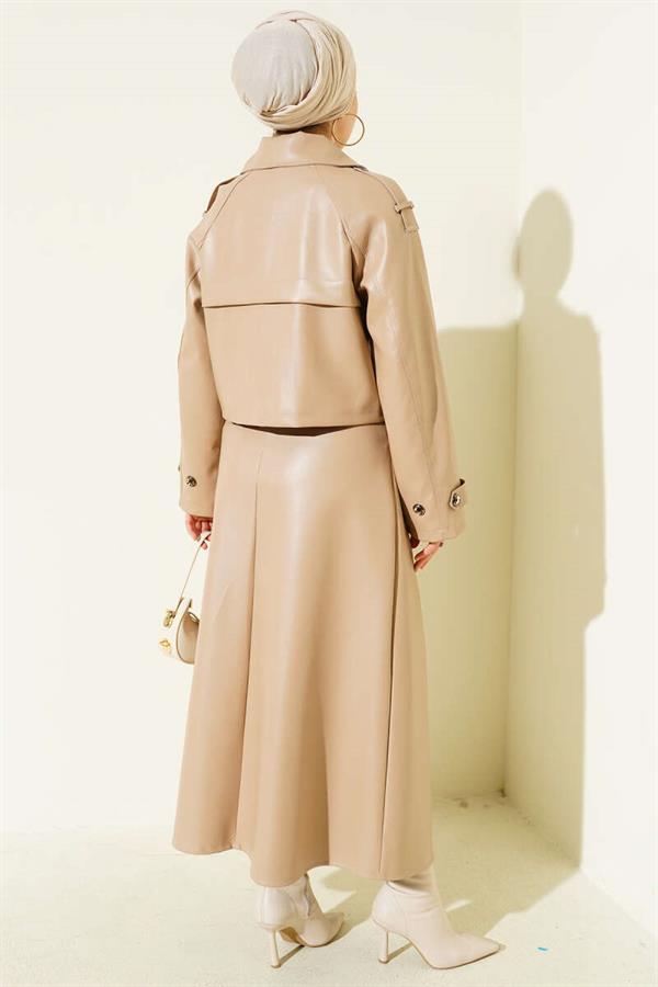 Double-breasted Leather Skirted 2 Piece Set Beige
