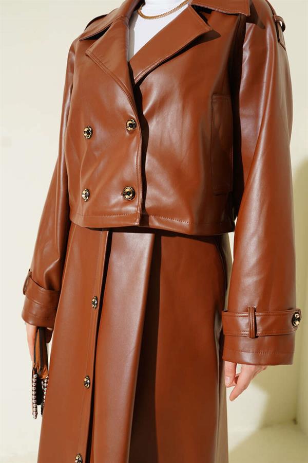 Double Breasted Leather Skirted 2 Piece Set Tan