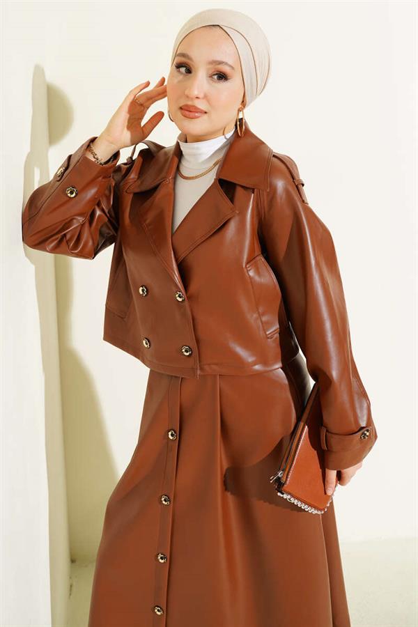 Double Breasted Leather Skirted 2 Piece Set Tan