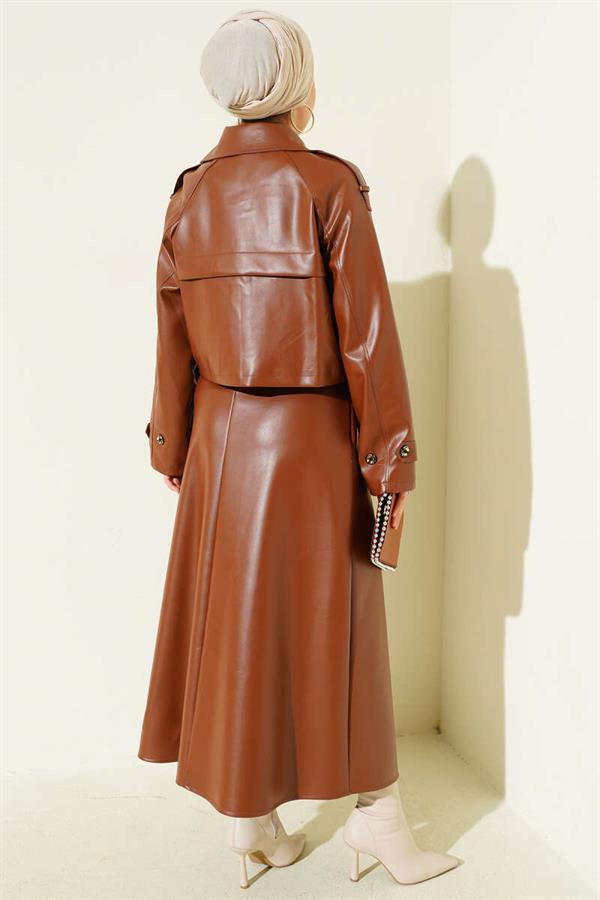 Double Breasted Leather Skirted 2 Piece Set Tan