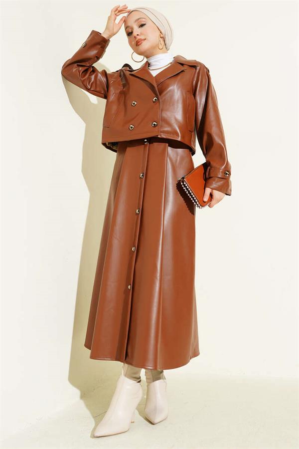 Double Breasted Leather Skirted 2 Piece Set Tan