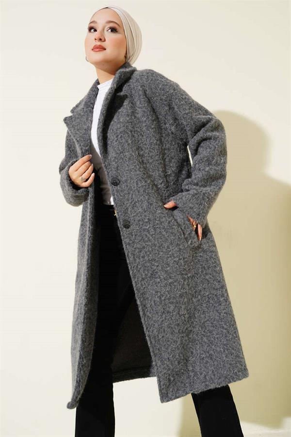 Double-breasted Button Detailed Cashmere Coat in Smoke