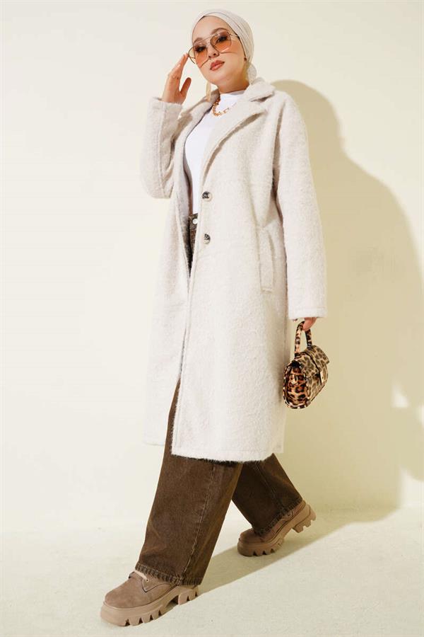 Double-breasted Button Detailed Cashmere Coat in Stone