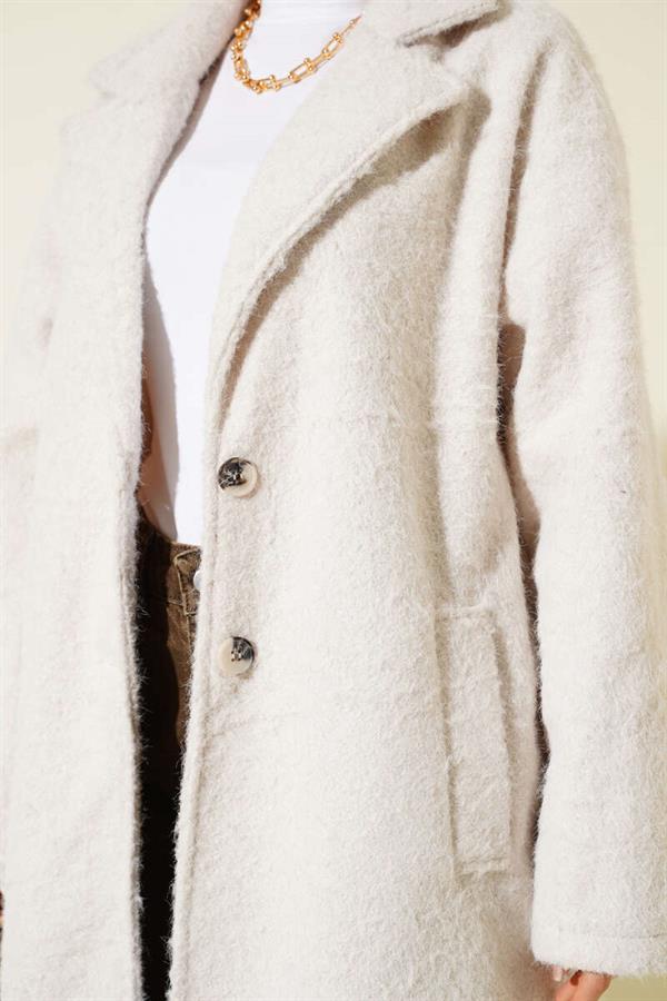 Double-breasted Button Detailed Cashmere Coat in Stone
