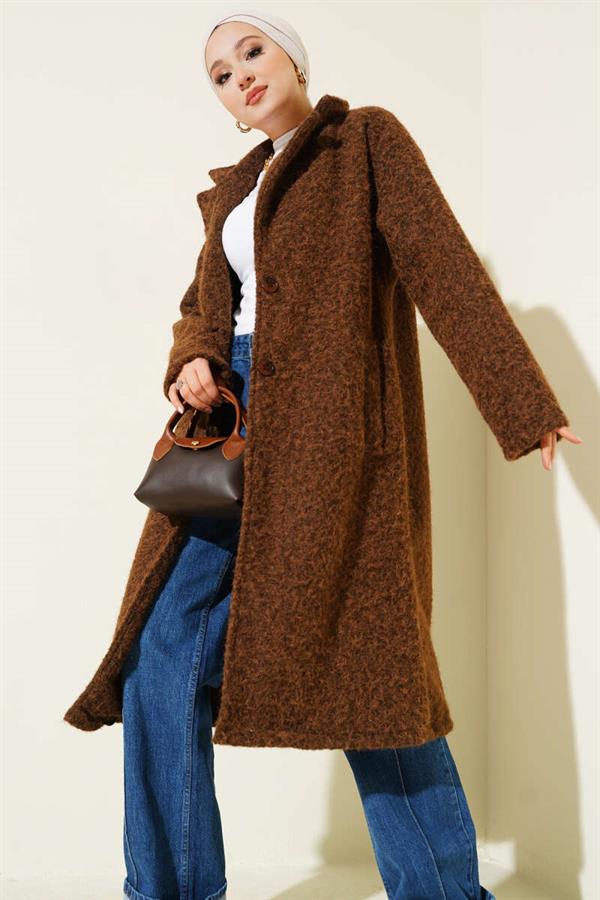 Double-breasted Button Detailed Cashmere Coat in Tan