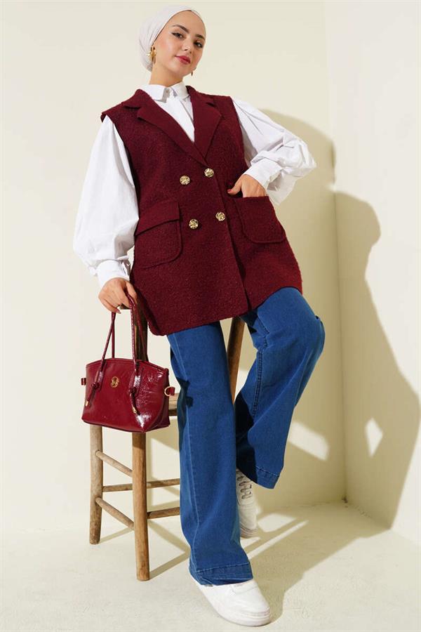 Double-breasted Buttoned Detailed Vest in Burgundy