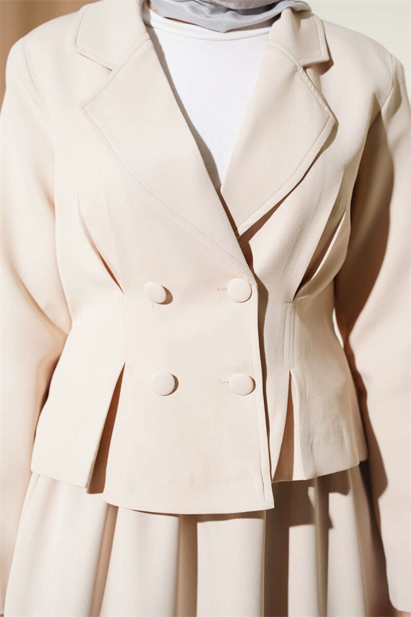 Wrap-Neck Buttoned Skirt 2 Piece Set in Beige
