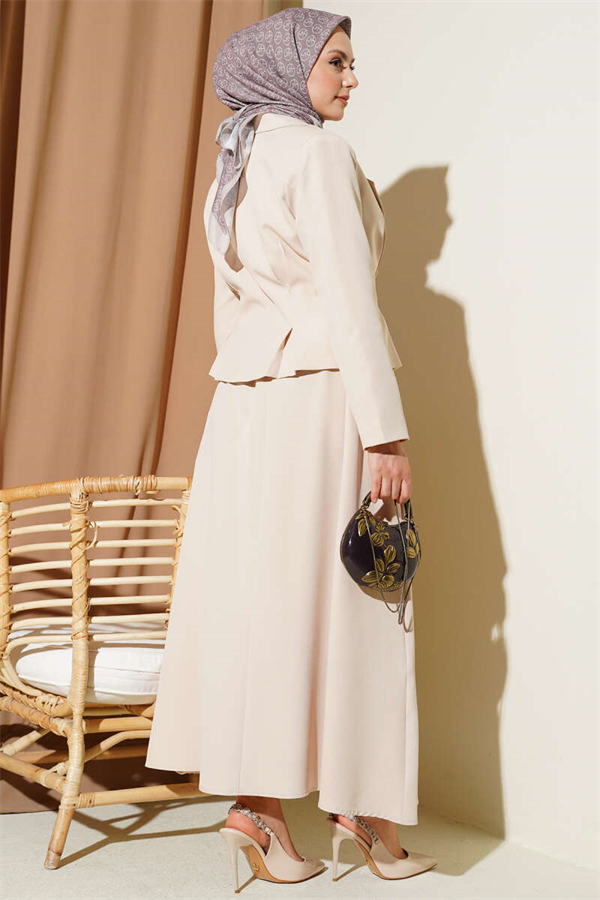 Wrap-Neck Buttoned Skirt 2 Piece Set in Beige