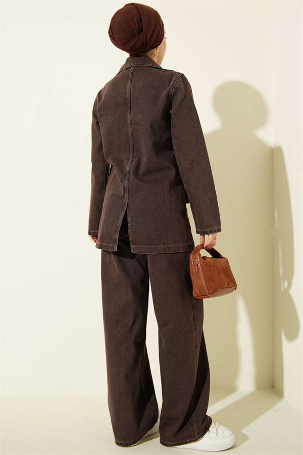 Double-Breasted Button-Down Denim 2 Piece Set in Coffee Brown