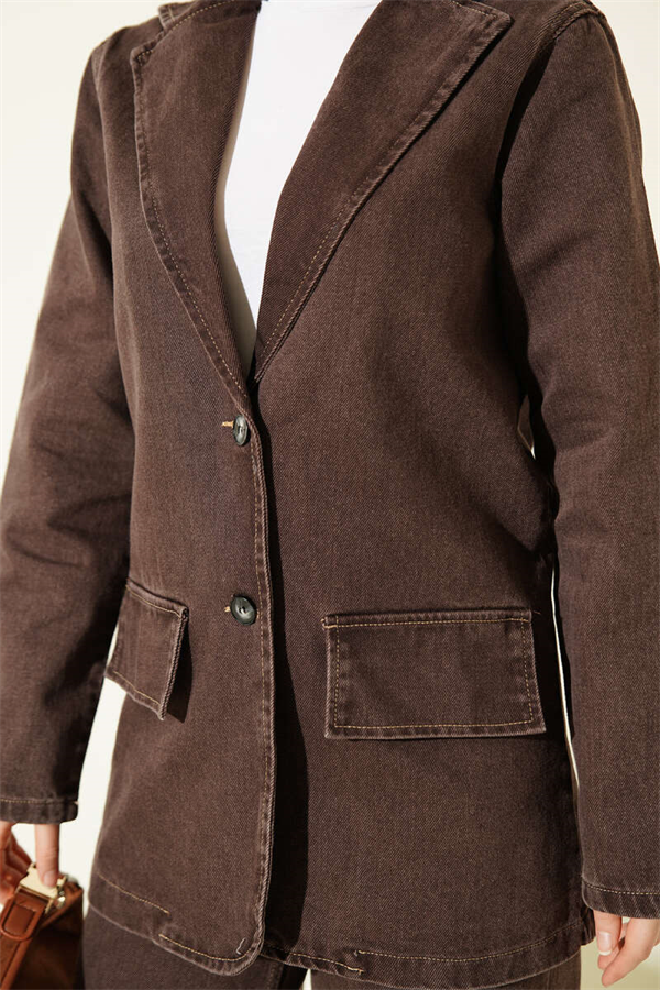 Double-Breasted Button-Down Denim 2 Piece Set in Coffee Brown