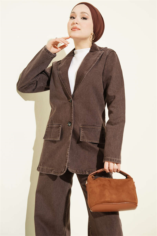 Double-Breasted Button-Down Denim 2 Piece Set in Coffee Brown