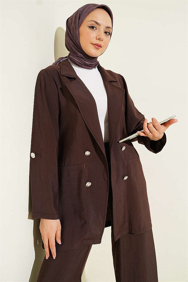 Double-Breasted Button-Down Modal 2 Piece Set in Coffee Brown