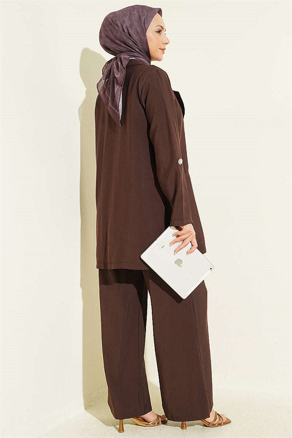Double-Breasted Button-Down Modal 2 Piece Set in Coffee Brown