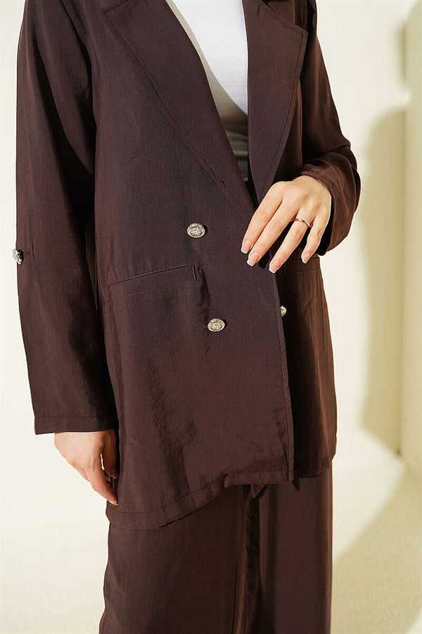 Double-Breasted Button-Down Modal 2 Piece Set in Coffee Brown