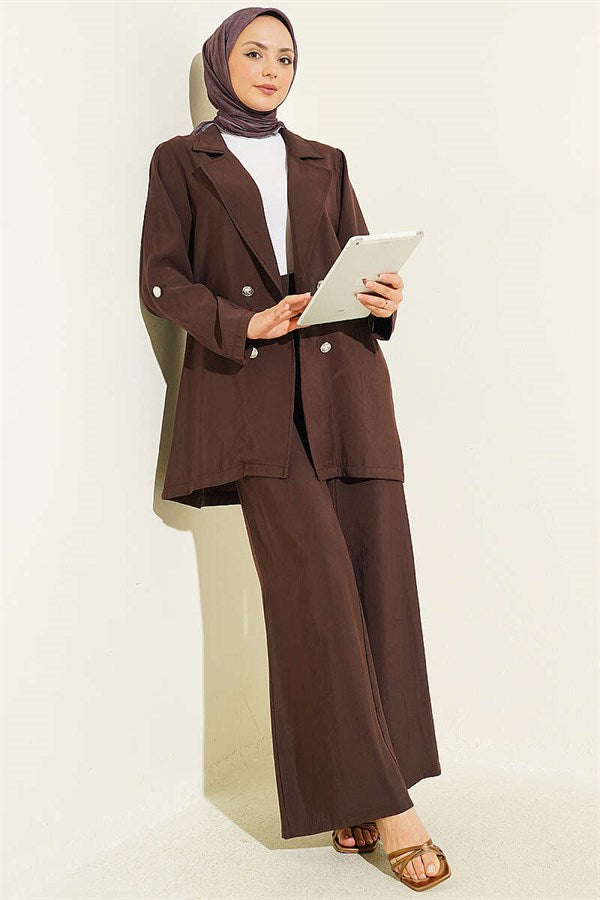 Double-Breasted Button-Down Modal 2 Piece Set in Coffee Brown