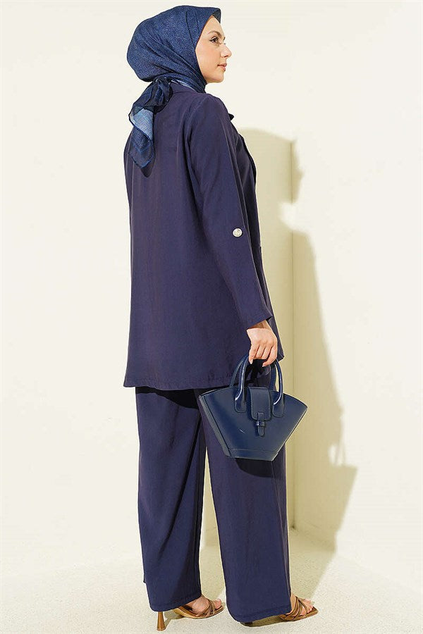 Double-Breasted Button-Down Modal Two-Piece Suit, Navy Blue