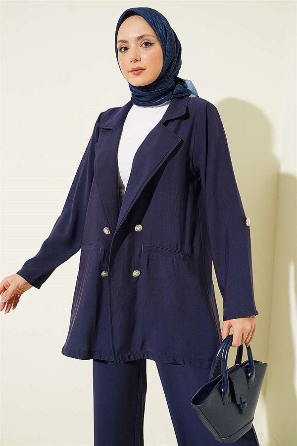 Double-Breasted Button-Down Modal Two-Piece Suit, Navy Blue