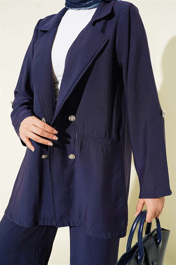 Double-Breasted Button-Down Modal Two-Piece Suit, Navy Blue