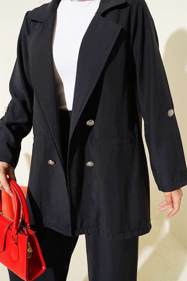 Double-Breasted Button-Down Modal 2 Piece Set, Black