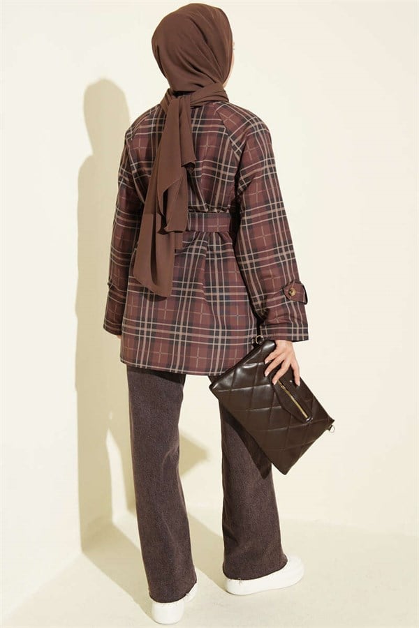 Double-breasted plaid trench coat, brown.