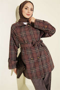 Double-breasted plaid trench coat, brown.
