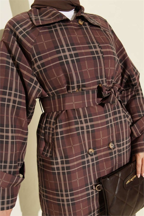 Double-breasted plaid trench coat, brown.