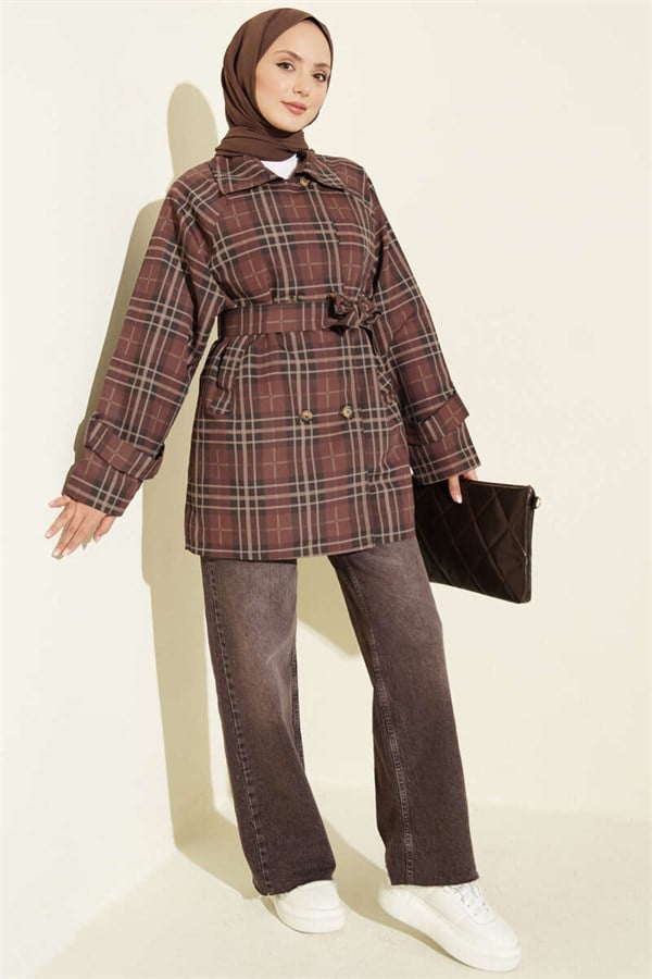 Double-breasted plaid trench coat, brown.