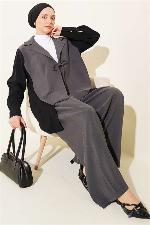 Double-Breasted Collar Trimmed 2 Piece Set in Smoke Grey