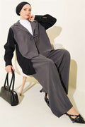 Double-Breasted Collar Trimmed 2 Piece Set in Smoke Grey