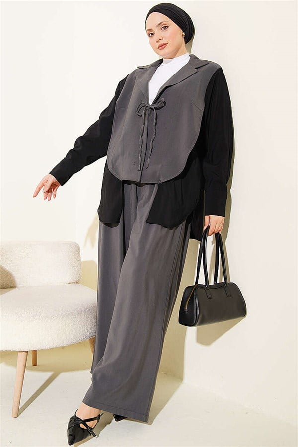 Double-Breasted Collar Trimmed 2 Piece Set in Smoke Grey