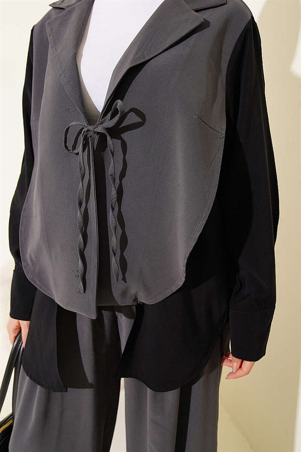 Double-Breasted Collar Trimmed 2 Piece Set in Smoke Grey