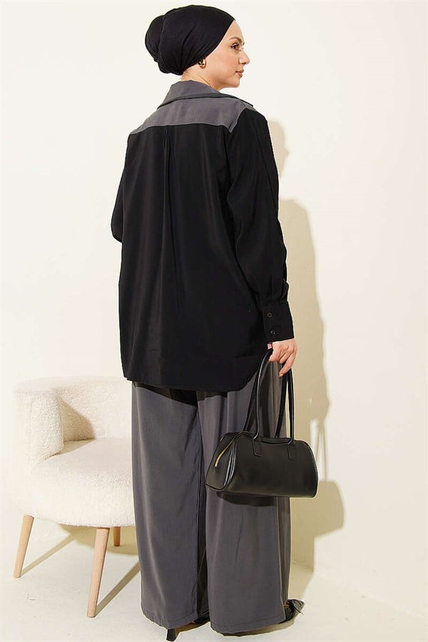 Double-Breasted Collar Trimmed 2 Piece Set in Smoke Grey