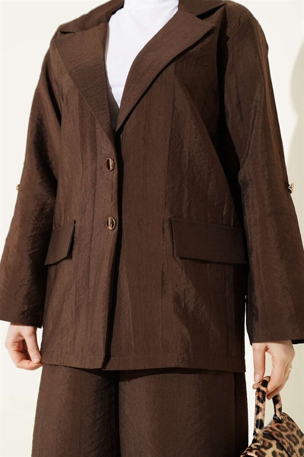 Double-Breasted Jacket Suit with Gold Buttons, Coffee