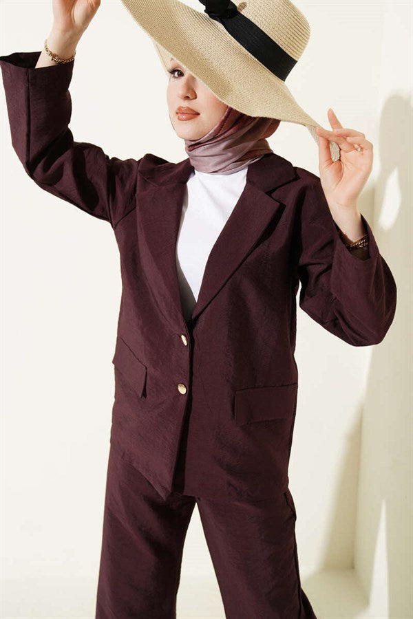 Double-Breasted Jacket Suit with Gold Buttons, Plum