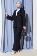 Double-breasted suit with gold buttons, navy blue.