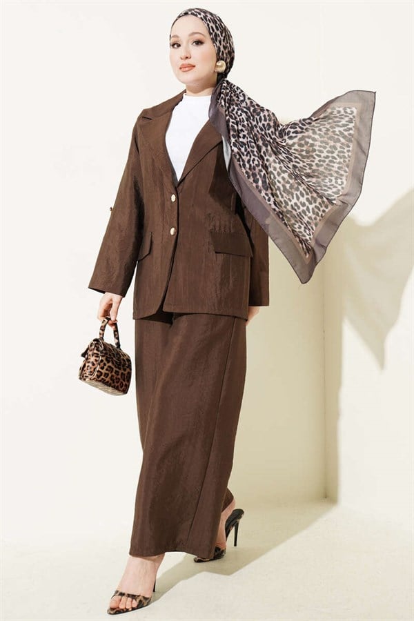 Double-Breasted Jacket Suit with Gold Buttons, Coffee