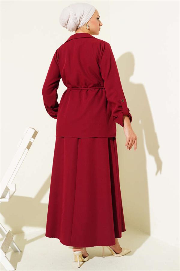 Double-breasted Collar Gold Buttoned Double Breasted 2 piece Set Burgundy
