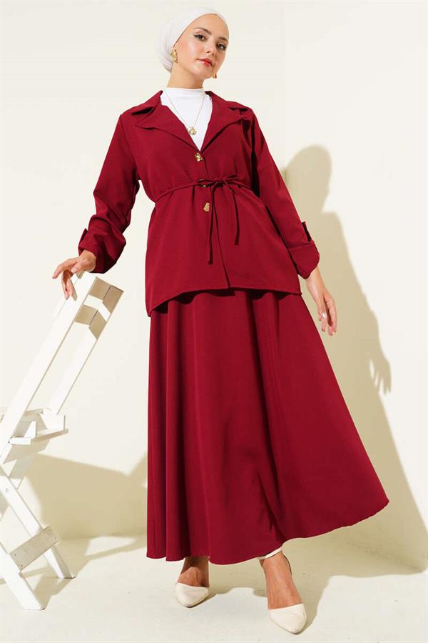 Double-breasted Collar Gold Buttoned Double Breasted 2 piece Set Burgundy