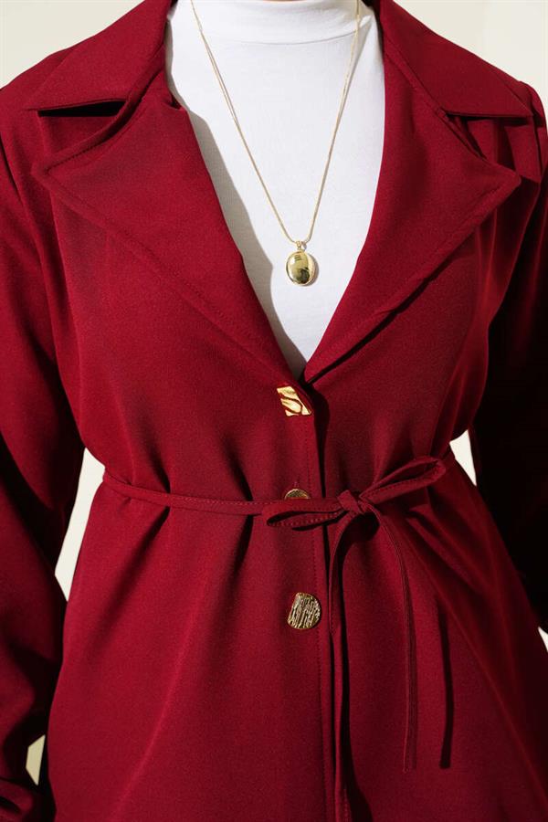 Double-breasted Collar Gold Buttoned Double Breasted 2 piece Set Burgundy