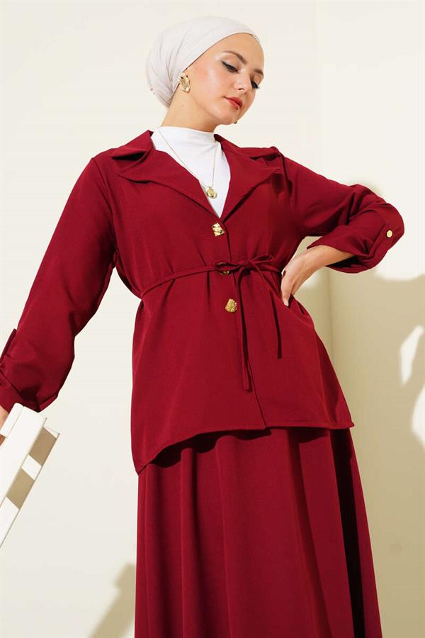 Double-breasted Collar Gold Buttoned Double Breasted 2 piece Set Burgundy