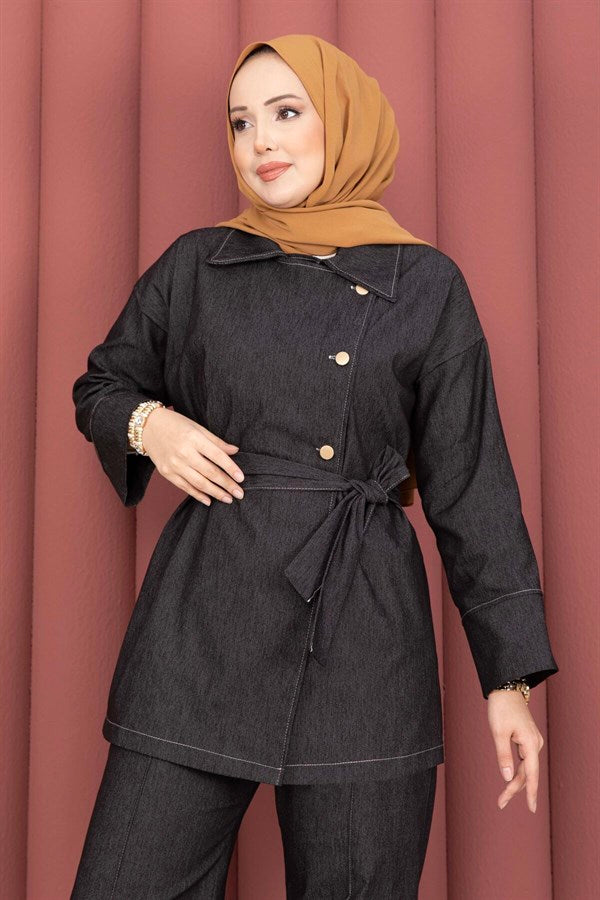 Double-breasted denim 2 Piece Set with gold buttons, black.