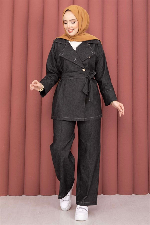 Double-breasted denim 2 Piece Set with gold buttons, black.