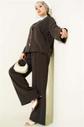 Double-breasted collar 2 Piece Set with gold buttons, dark brown.