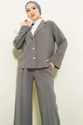 Double-breasted collar 2 Piece Set with gold buttons in grey.