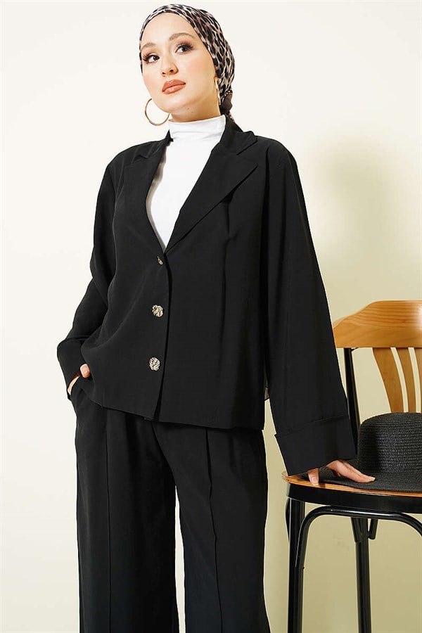 Double-breasted collar 2 Piece Set Suit with gold buttons, black.